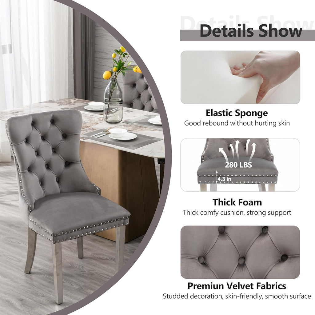 5 Piece Silver Luxury Glass Dining Set, Modern Minimalist Kitchen Table Set for 4, 36'' Clear Square Glass Top Dinner Room Set, Grey High-end Tufted Chairs, for Small Place Living Room