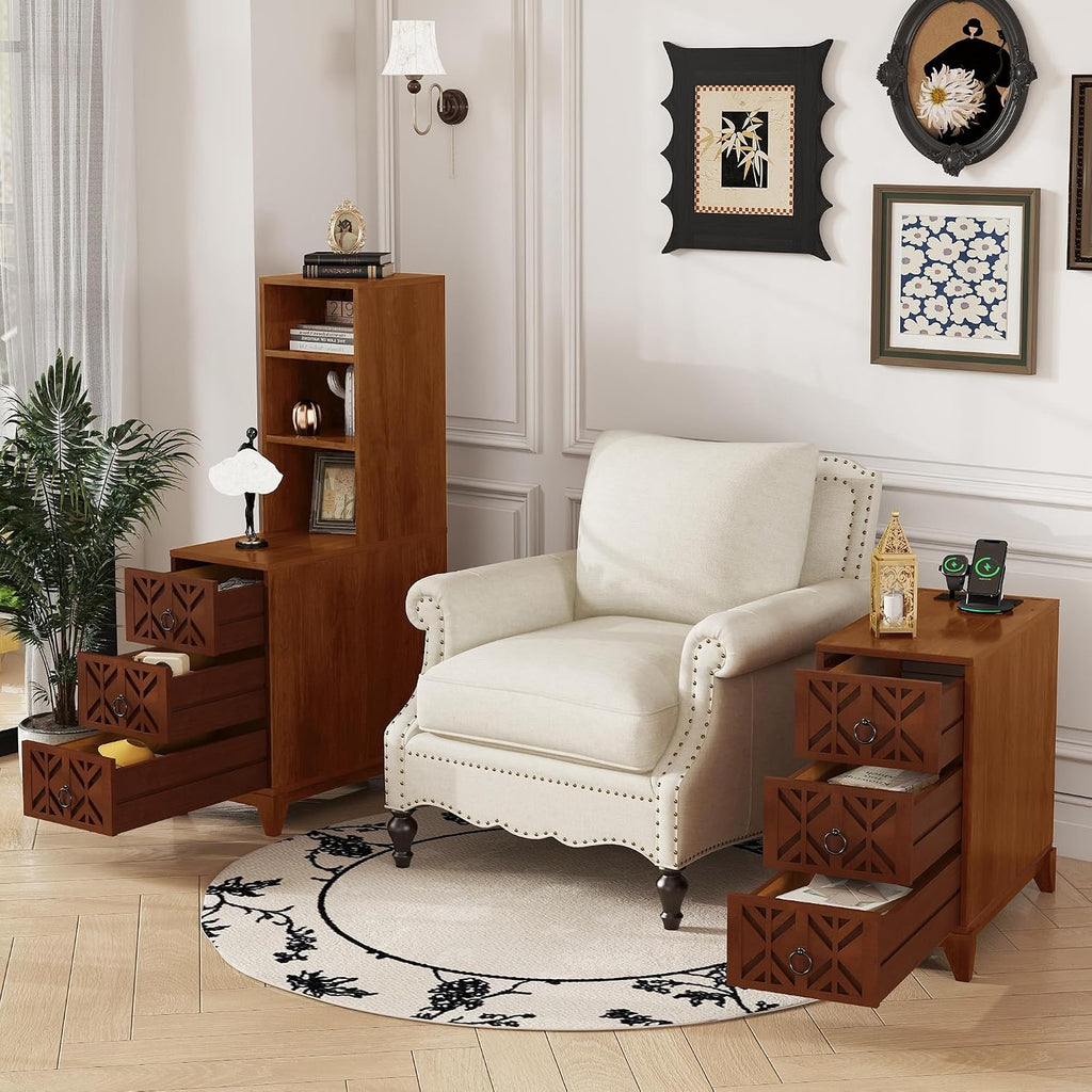 End Table with 3 Drawers and 2 Open Shelves, Walnut Finish Corner Table for Bedroom