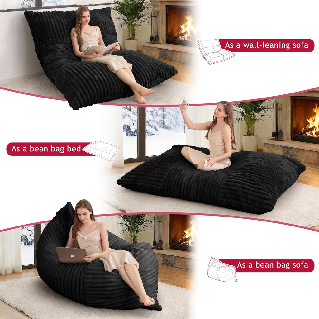 3 in 1 Bean Bag Chair with Memory Foam Filling, Beanbag for Adult 6 Colors, Machine Washable Flannel Cover, Soft Cozy for Bedroom, Living Room, Covered Outdoor Spaces Black