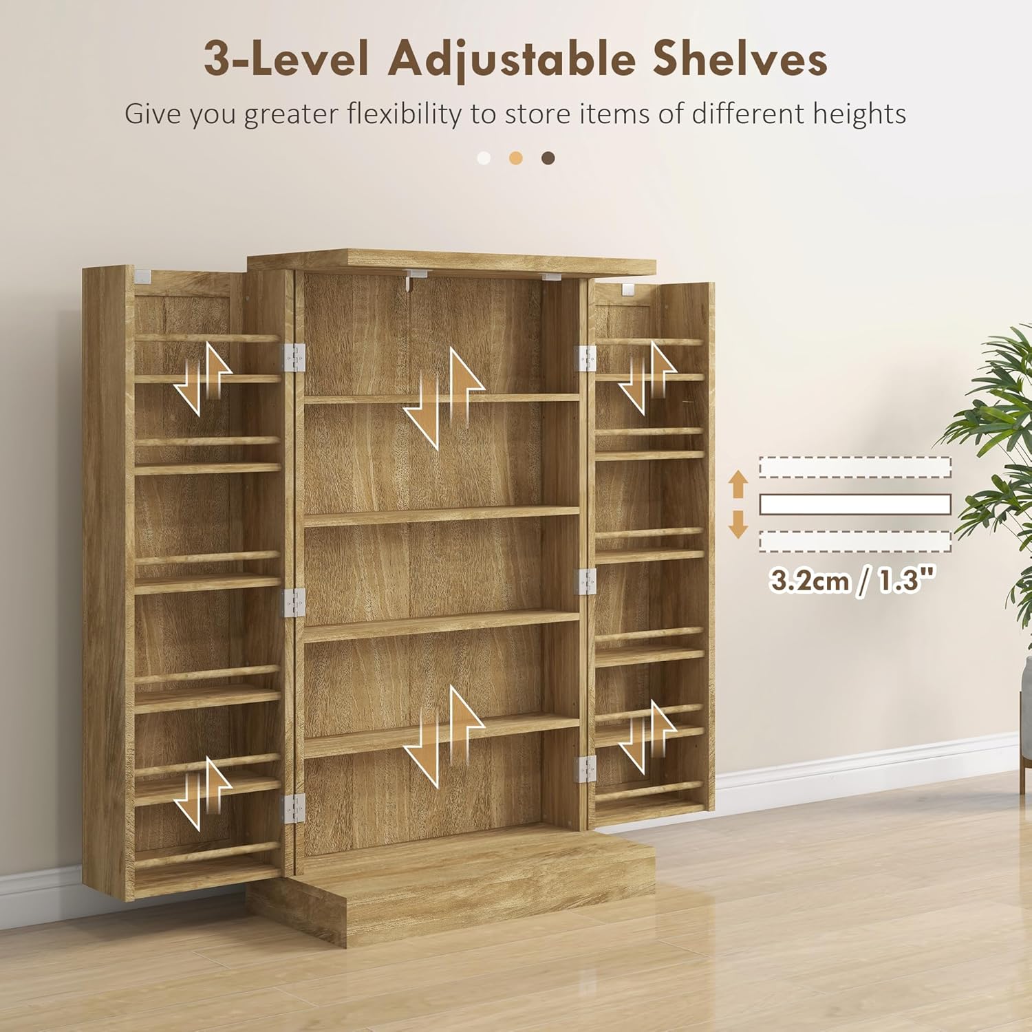 Majnesvon 41" Kitchen Pantry Cabinet,5-Tier Sideboard Buffet Cabinet with Adjustable Shelves & Doors,Freestanding Food Pantry Storage Cupboard for Small Spaces Dining Room (Natural)