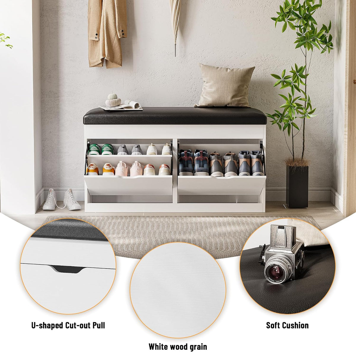 40" Shoe Storage Bench with 2 Flip Drawers & Padded Seat Cushion, Shoe Cabinet with Lift Top Storage Box, Shoe Bench Shoe Organizer for Entryway, Hallway, Living Room, White