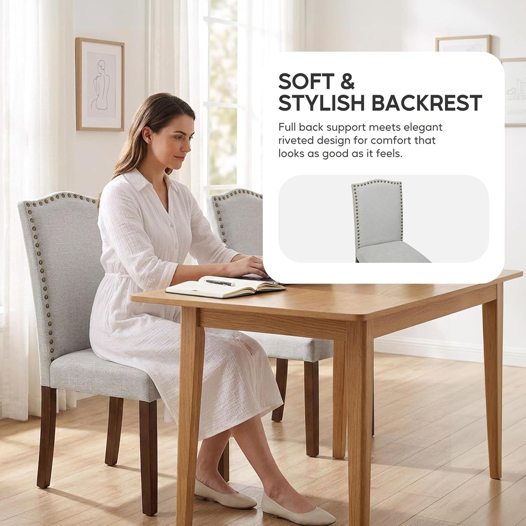 Simple Deluxe Set of 2 Upholstered Parsons Dining Chairs, Fabric Dining Room Chairs with Solid Wood Legs & Nailhead Trim, Multi-Use for Kitchen, Living Room & Bedroom, Gray