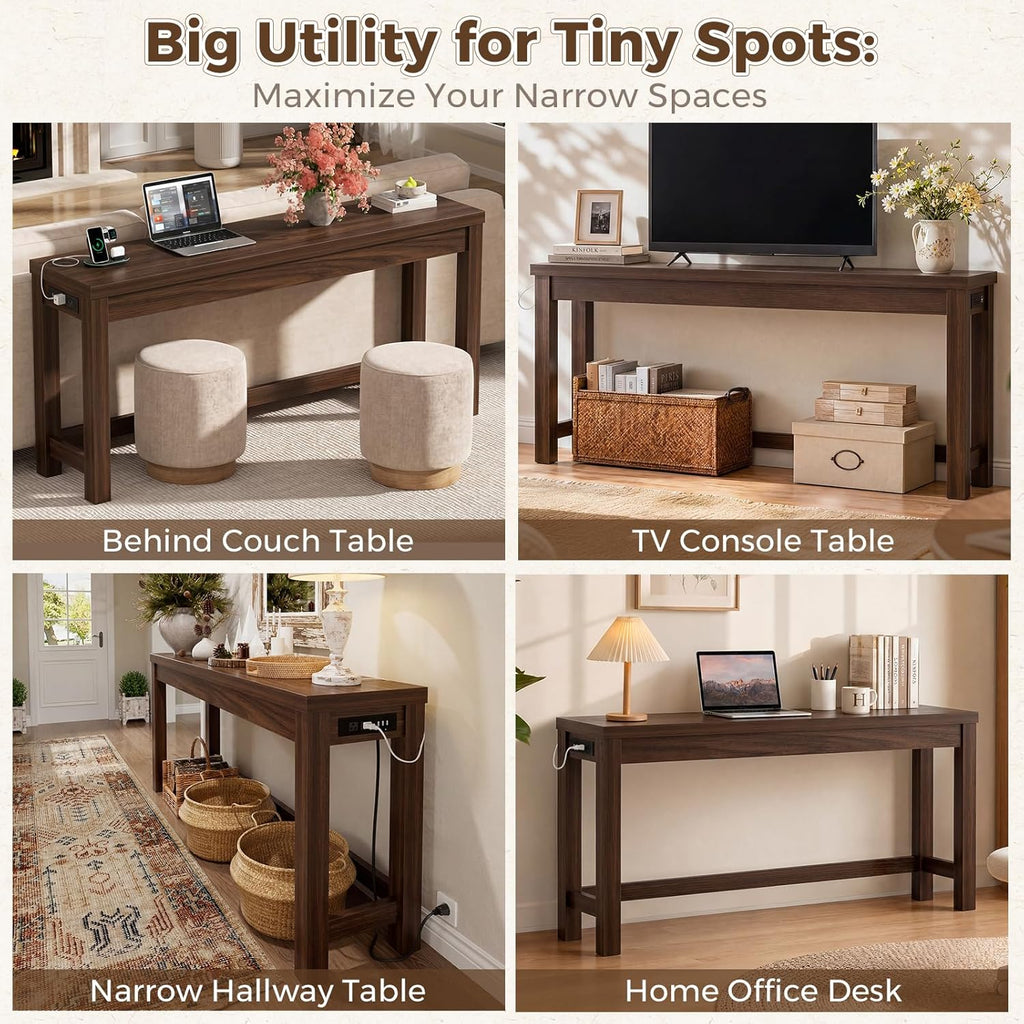 Cyclysio 63" Console Table with Charging Station, 13.8" Deep Farmhouse Sofa Table Behind Couch with 2 AC Outlets & 3 USB Ports, Long Entryway TV Console or Home Office Desk, Black Walnut