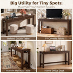 Cyclysio 63" Console Table with Charging Station, 13.8" Deep Farmhouse Sofa Table Behind Couch with 2 AC Outlets & 3 USB Ports, Long Entryway TV Console or Home Office Desk, Black Walnut