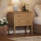 IKENO Solid Wood Nightstand with Charging Station, Wooden End Table with 2 Solid Wood Drawers, Farmhouse Style Side Table, Suitable for Bedroom, Teak