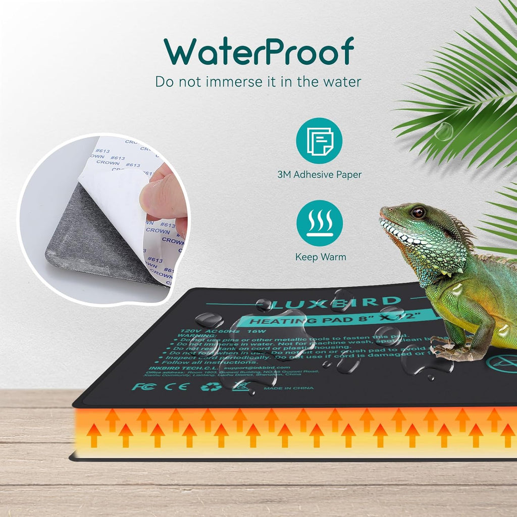 Luxbird Reptile Heating Pad 8x12 Inch with Dual Output Reptile Thermostat LB-2SC Combo Set Under Tank Terrarium Heating Mat for Turtles, Lizards, Frogs, and Other Reptiles