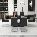 71" Modern Dining Table Set for 6, Black Faux Marble Dining Table with 6 Upholstered Chairs, Large Rectangle Kitchen Table Set, Tempered Glass Tabletop, U-Shaped Base, Ideal for Dining Room