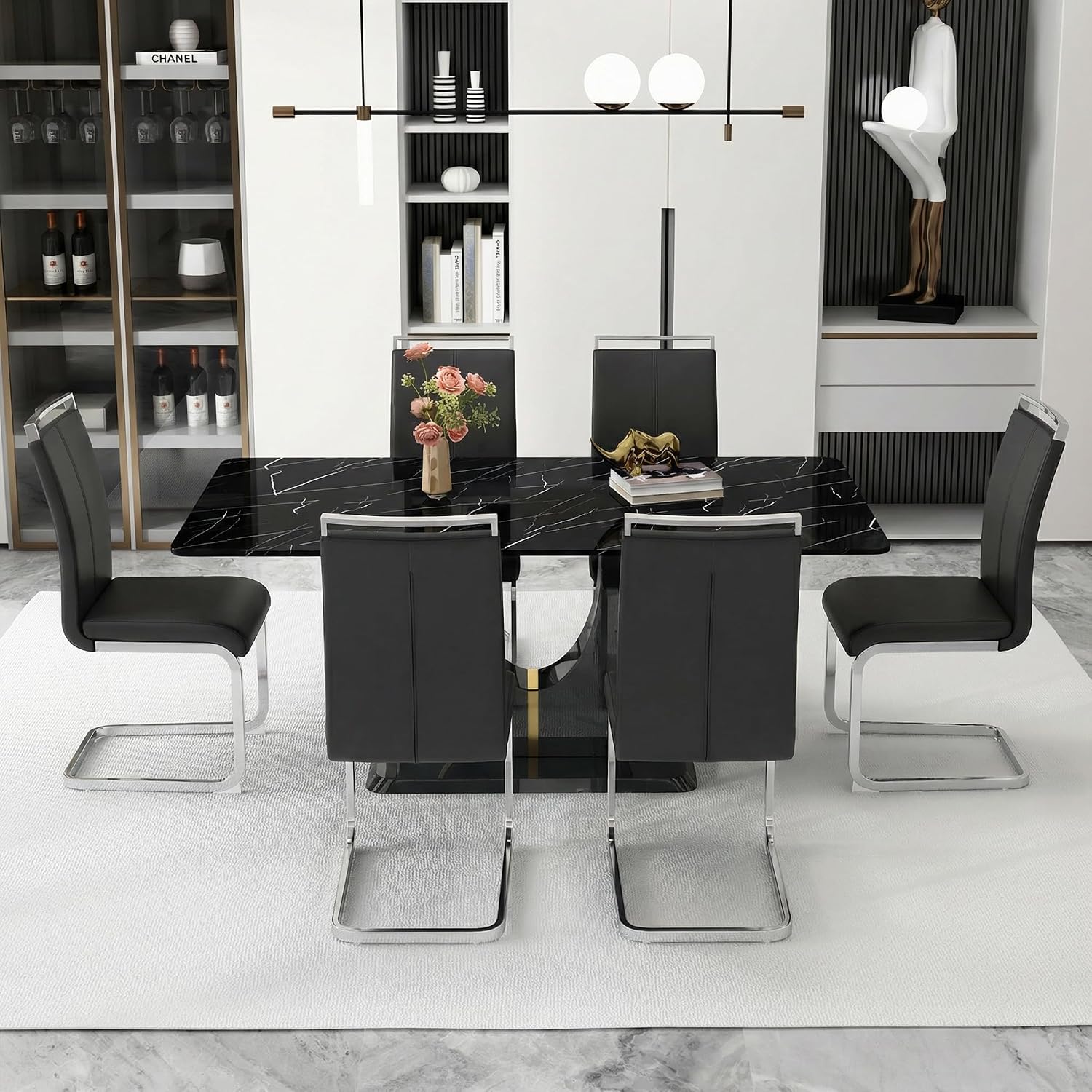 71" Modern Dining Table Set for 6, Black Faux Marble Dining Table with 6 Upholstered Chairs, Large Rectangle Kitchen Table Set, Tempered Glass Tabletop, U-Shaped Base, Ideal for Dining Room