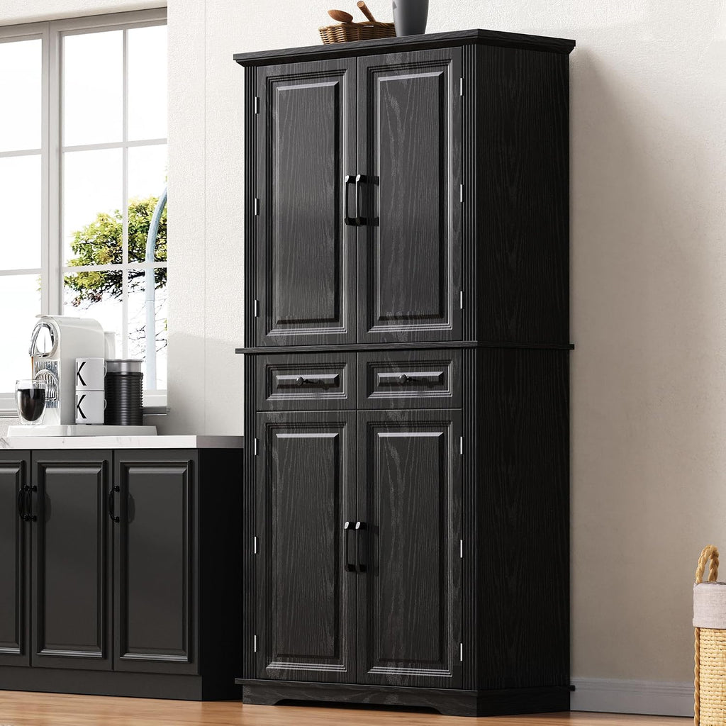 71" Tall Kitchen Pantry Cabinet, Freestanding Storage Cabinet with 3 Pull-Out Cabinet Organizers 6 Door Storage Shelves 2 Drawers, Farmhouse Embossed Texture Cupboard for Kitchen, Black