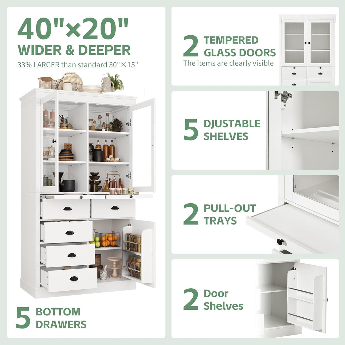 72" H Kitchen Pantry with Glass Doors, Wooden Freestanding Display Storage Cabinet with 5 Drawers and Serving Trays, Large Cupboard with Adjustable Shelves for Kitchen, Dining Room, White