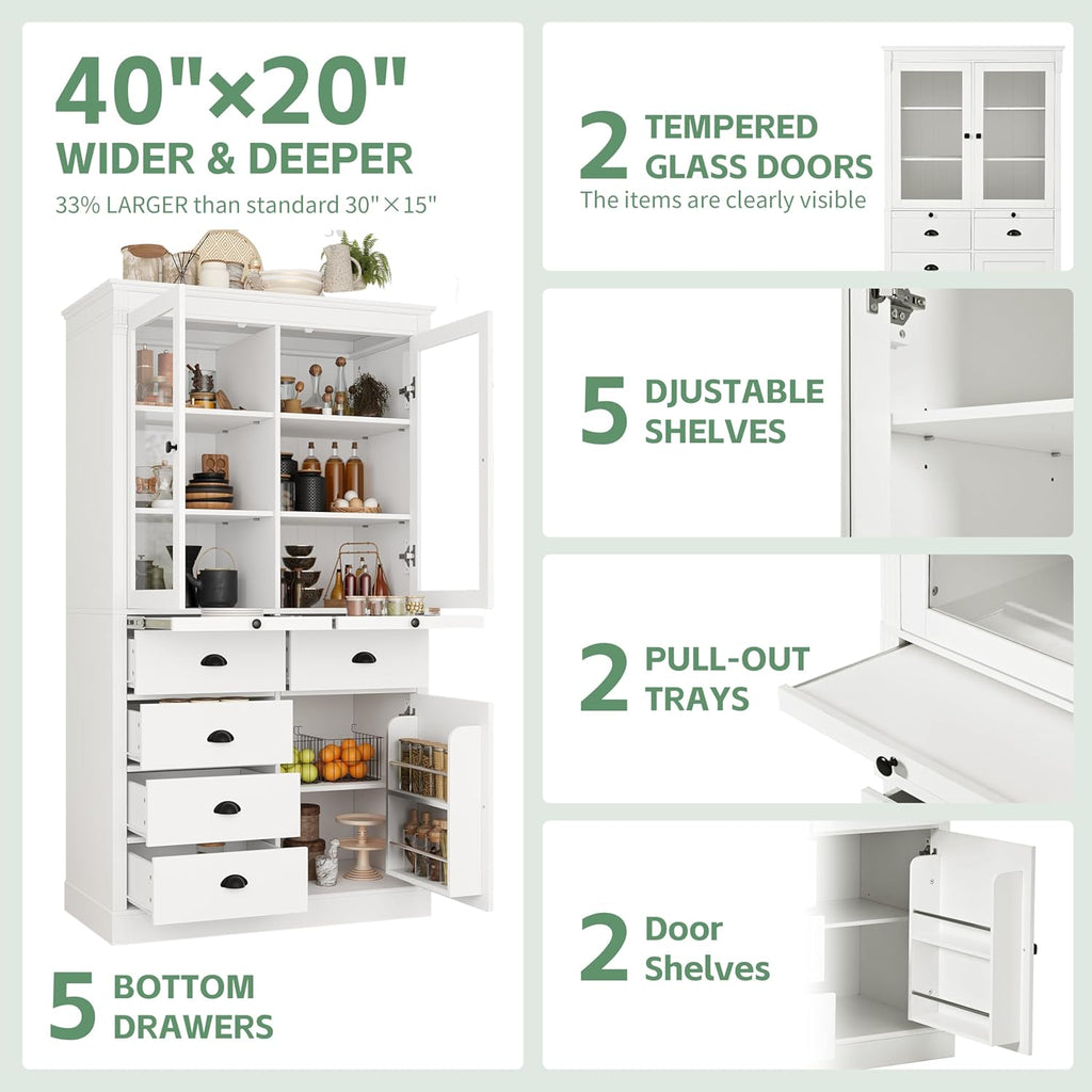 roomfitters 72" Kitchen Pantry Organizers and Storage Kitchen Cabinet, Storage Hutch with Glass Doors, 5 Drawers, White