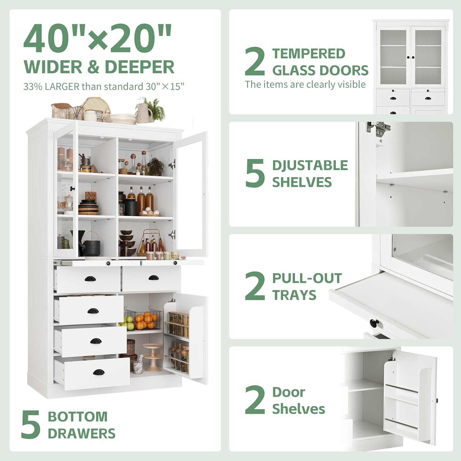 roomfitters 72" Kitchen Pantry Organizers and Storage Kitchen Cabinet, Storage Hutch with Glass Doors, 5 Drawers, White