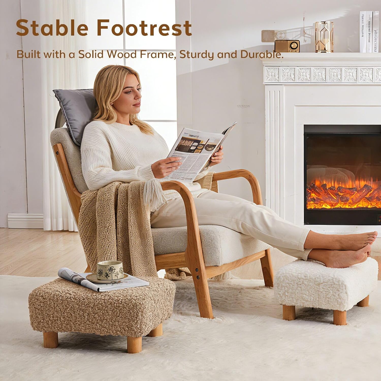 Small Foot Stool Ottoman, Sherpa Footstool Ottoman Foot Rest for Couch, Rectangle Footstools and Ottomans Small for Living Room, Entryway and Bedroom (Light Brown)