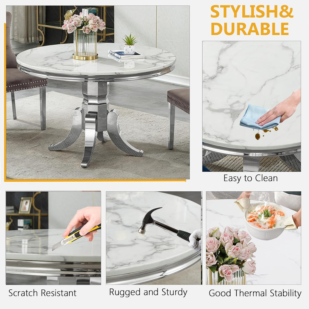 45 inch White Marble Round Dining Table for 4 to 6, Modern Round Dining Table with Faux Marble Top & Silver Stainless Steel Y Base, Luxury Marble Kitchen Dining Room Table for Dinette Party Gathering