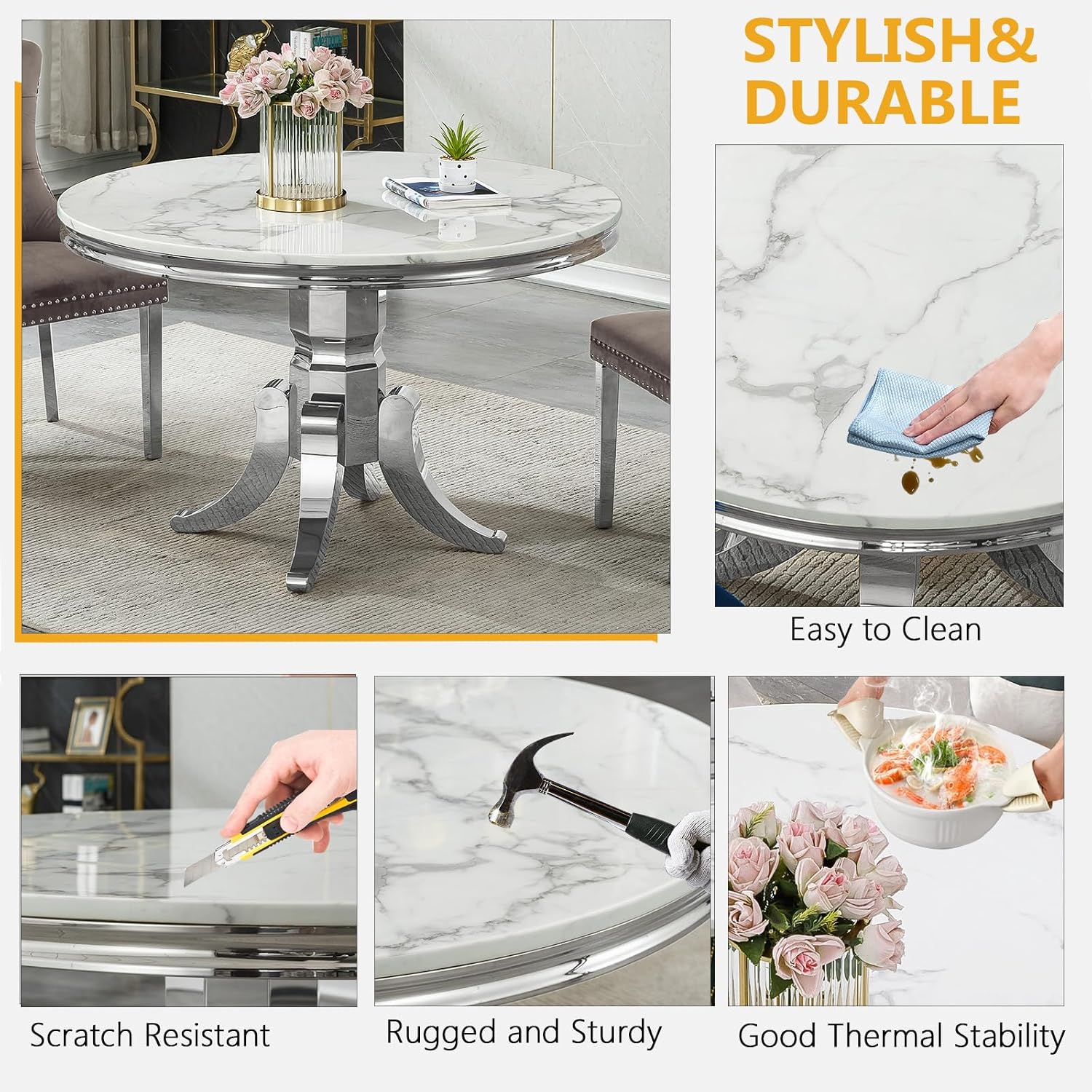 45 inch White Marble Round Dining Table for 4 to 6, Modern Round Dining Table with Faux Marble Top & Silver Stainless Steel Y Base, Luxury Marble Kitchen Dining Room Table for Dinette Party Gathering