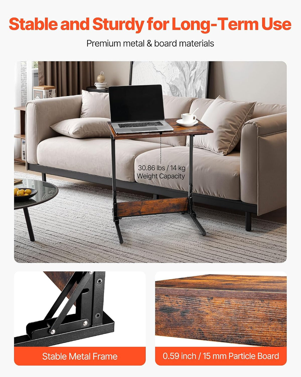VEVOR C Table, Folding C Shaped End Table with Metal Frame & Adjustable Feet, Foldable C Shaped Side Table for Living Room Bedroom Office, 23.62 x 14.57 x 27.56 inch TV Tray, Brown and Black