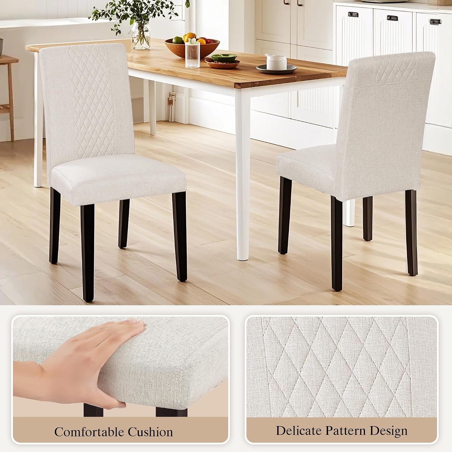 VECELO Dining Chairs Set of 2, Upholstered Fabric Wood Legs High Back for Kitchen Living Room, Beige