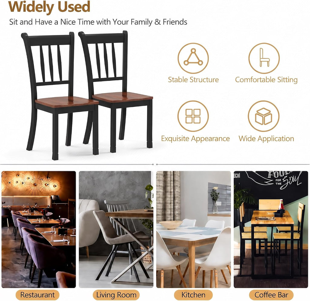 POWERSTONE Dining Chairs Set of 6, Rubberwood Kitchen Chairs, Black | Farmhouse Dining Chairs with W-Shaped Seat & Spindle High Back for Dining Room, Cafe, Canteen