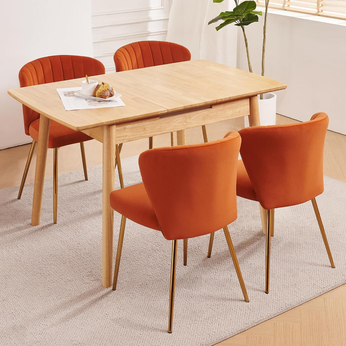 Velvet Dining Chairs Set of 2, Modern Upholstered Vanity Chairs with Golden Metal Legs for Dining Room Kitchen Vanity Patio (Orange)