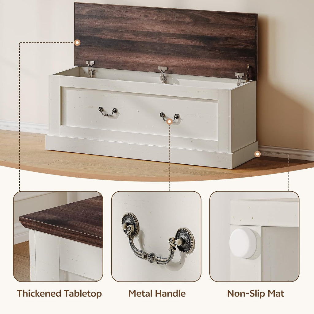 Storage Chest, 47.2" Storage Bench with 3 Safety Hinges, Entryway Bench with Lift Top, Farmhouse Style, Wooden Chest Organizer for Entryway Living Room Hallway, Off White