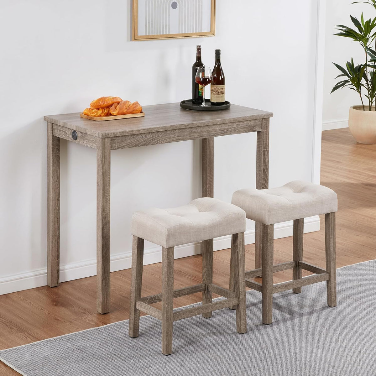 DUHOME 3 Piece Bar Table Set,Dining Bar Table and 2 Chairs Set with Charging Station Industrial Breakfast Table with 2 Padded Stools Rustic Bar Kitchen Dinning Room Living Room Cream