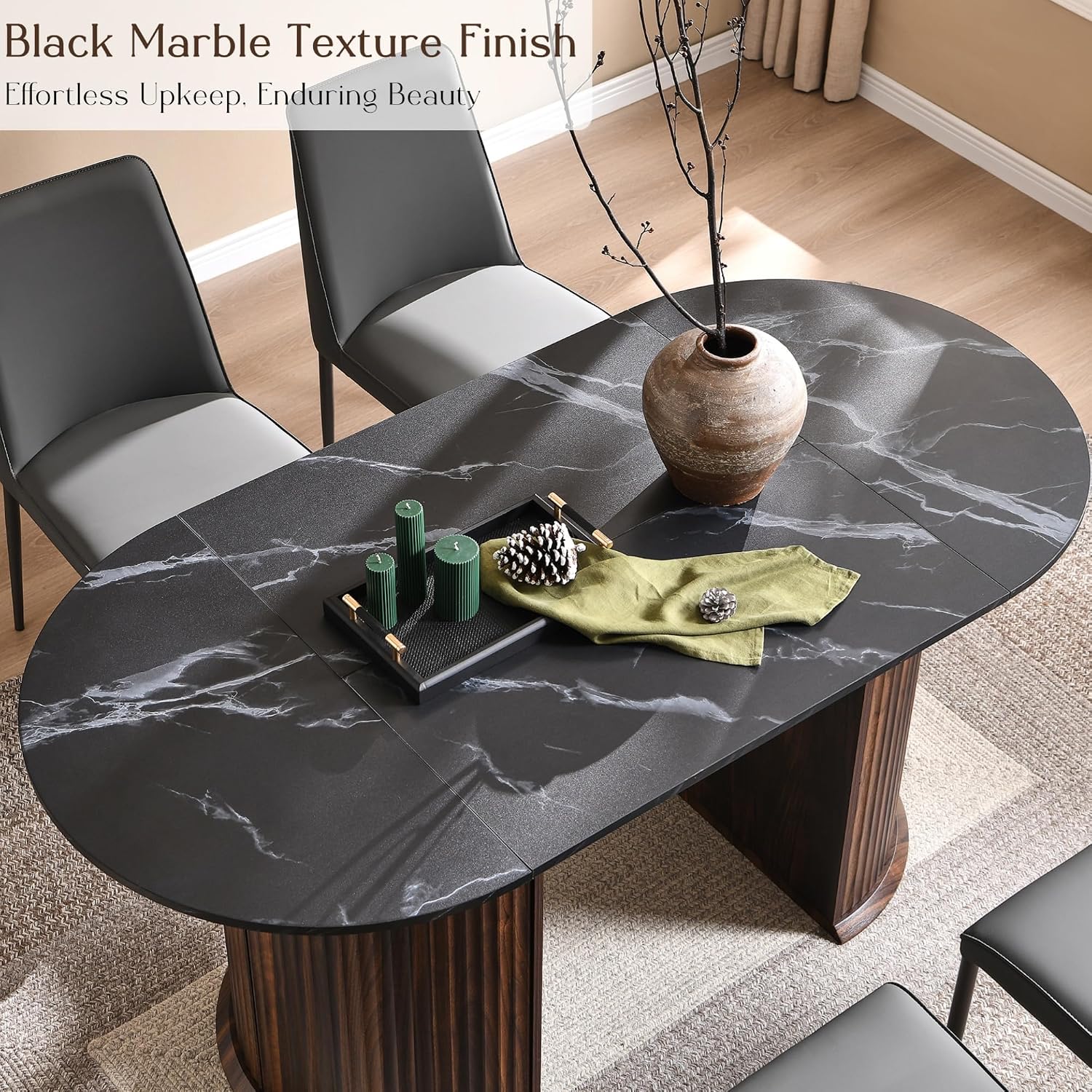 T4TREAM Fluted 63" Oval Dining Table for Kitchen Living Room, Walnut&Black