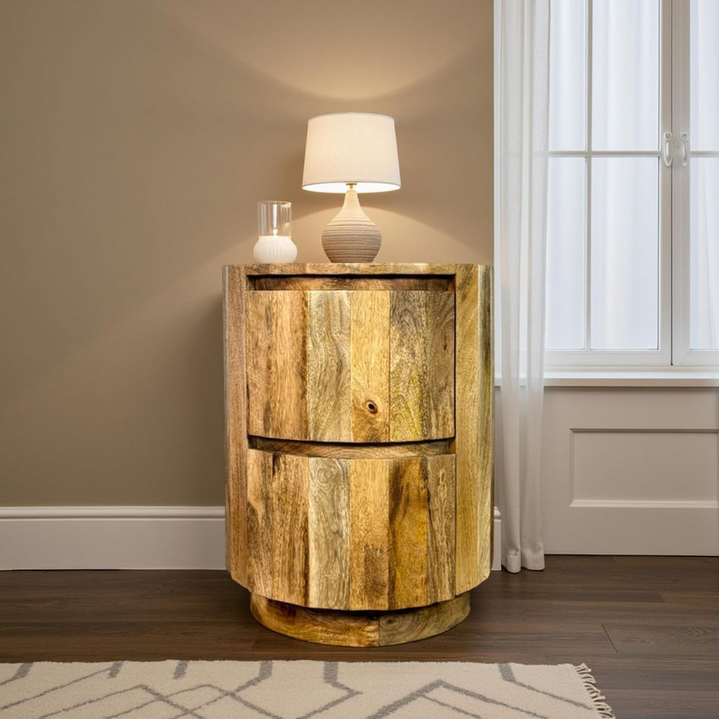 Carolina Chair & Table Harrison Vertical Groove Round Scallop Accent Table with 2 Drawers – Solid Wood Rustic Storage Table – Compact Side Furniture for Living Room, Bedroom, Small Spaces (Natural)