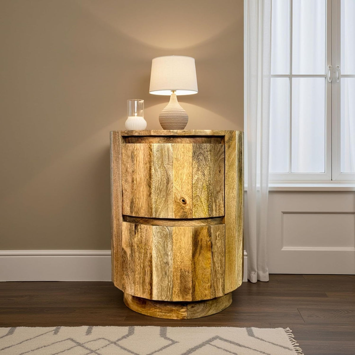 Carolina Chair & Table Harrison Vertical Groove Round Scallop Accent Table with 2 Drawers – Solid Wood Rustic Storage Table – Compact Side Furniture for Living Room, Bedroom, Small Spaces (Natural)