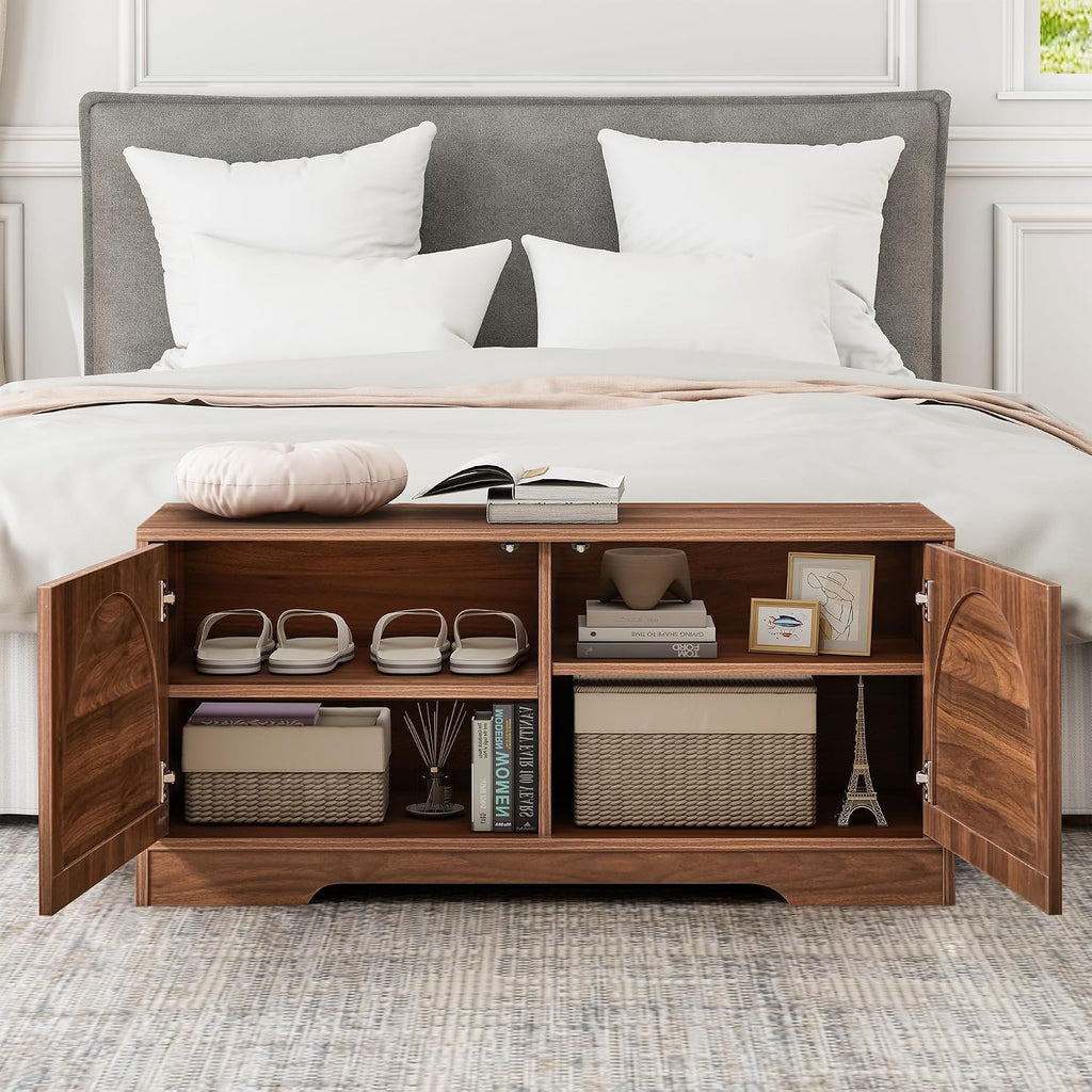 BERRYMERRY 39.4" Fluted Shoe Storage Bench for Entryway,2 Tier Shoe Cabinet Bench with Adjustable Shelf,Bench for Bedroom End of Bed (Walnut, 13.8”D x 39.4”W x 18.5”H)