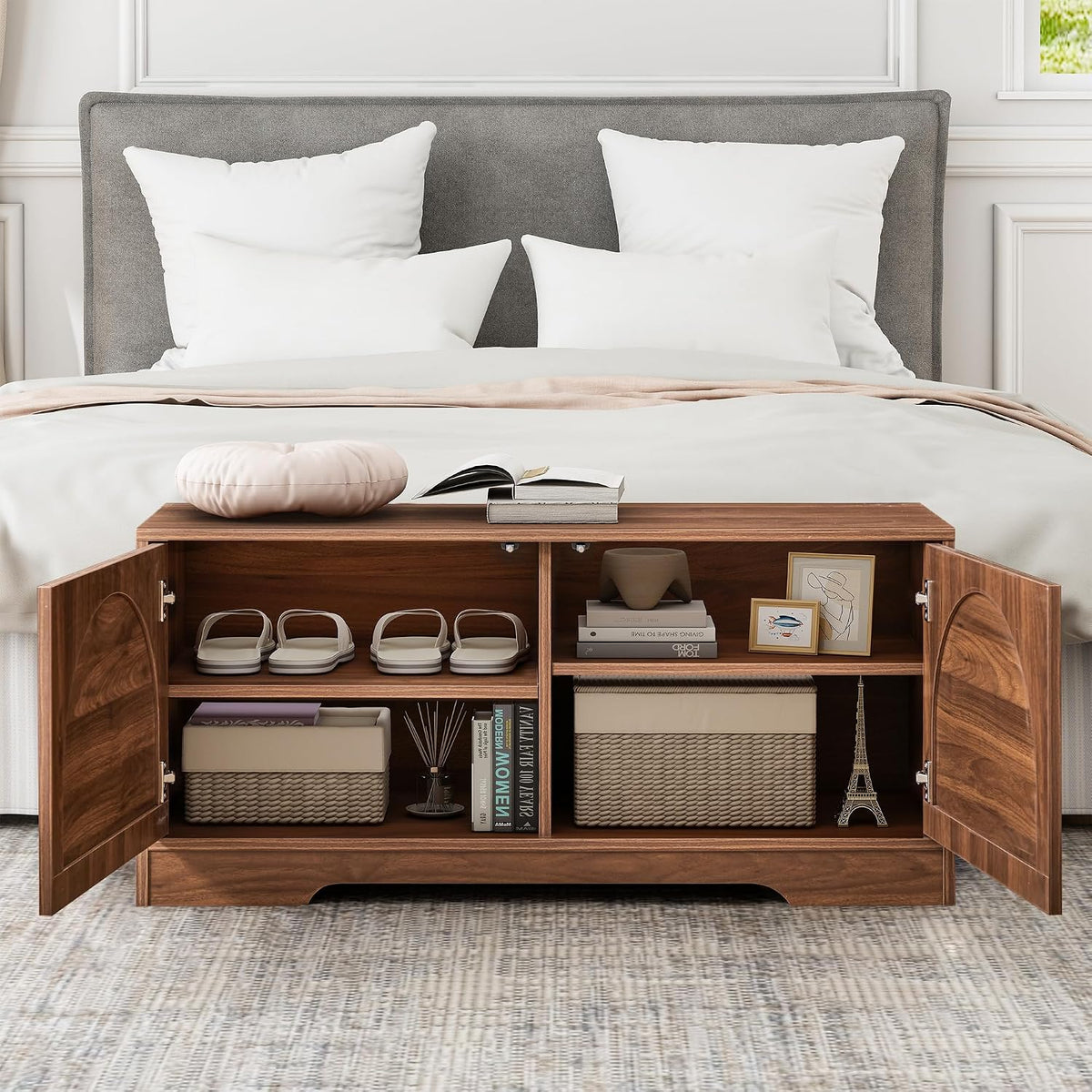 BERRYMERRY 39.4" Fluted Shoe Storage Bench for Entryway,2 Tier Shoe Cabinet Bench with Adjustable Shelf,Bench for Bedroom End of Bed (Walnut, 13.8”D x 39.4”W x 18.5”H)