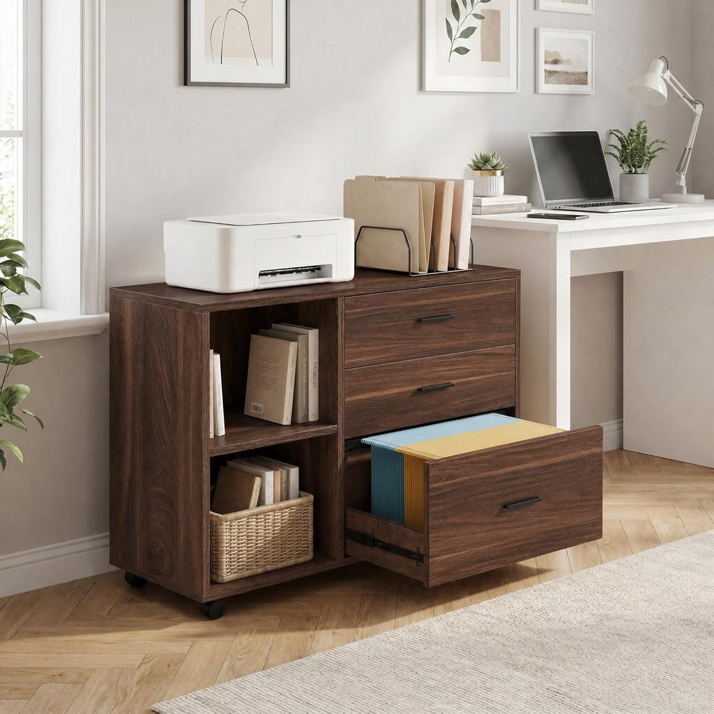 Tribesigns 39 in. Wooden Filing Cabinet with Open Storage Shelves and 3 Drawers,Rolling File Cabinet with Adjustable Hanging Rail,Printer Stand for Home Office (Walnut)