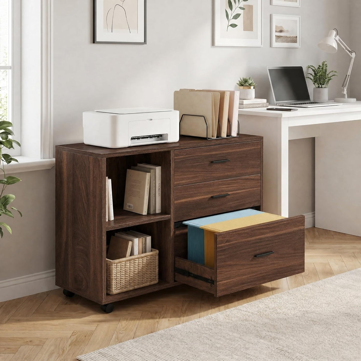 Tribesigns 39 in. Wooden Filing Cabinet with Open Storage Shelves and 3 Drawers,Rolling File Cabinet with Adjustable Hanging Rail,Printer Stand for Home Office (Walnut)