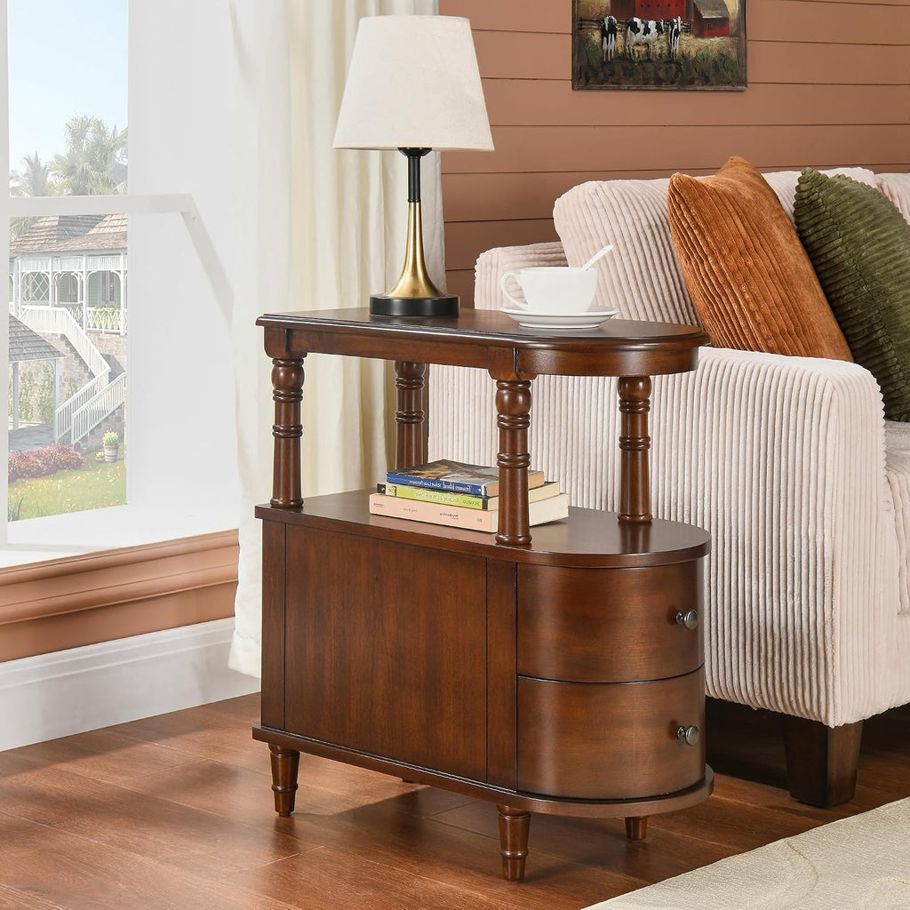 Biaco Solid Wood End Table with 2 Drawers & Shelf - Cherry Walnut Vintage Narrow Side Table, Pre-Assembled Slim Nightstand for Bedroom/Living Room (23.4" Dx11.4 Wx25.3 H), BG-A508-CY
