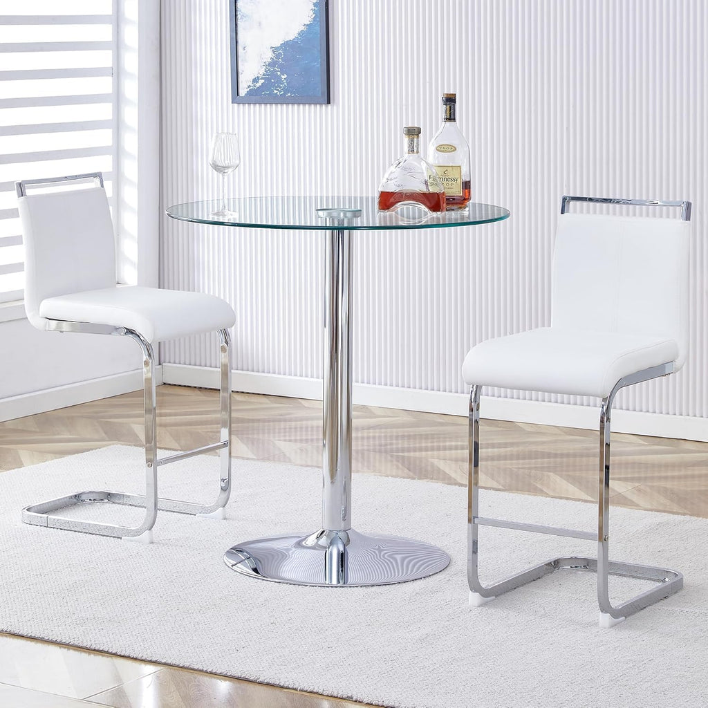 3 Pecies Round Glass Dining Table Set for 2, Small Circle Kitchen Table with Metal Base and White Upholstered Seat High Back PU Leather Chairs, Modern Dining Table and Chairs for livingroom