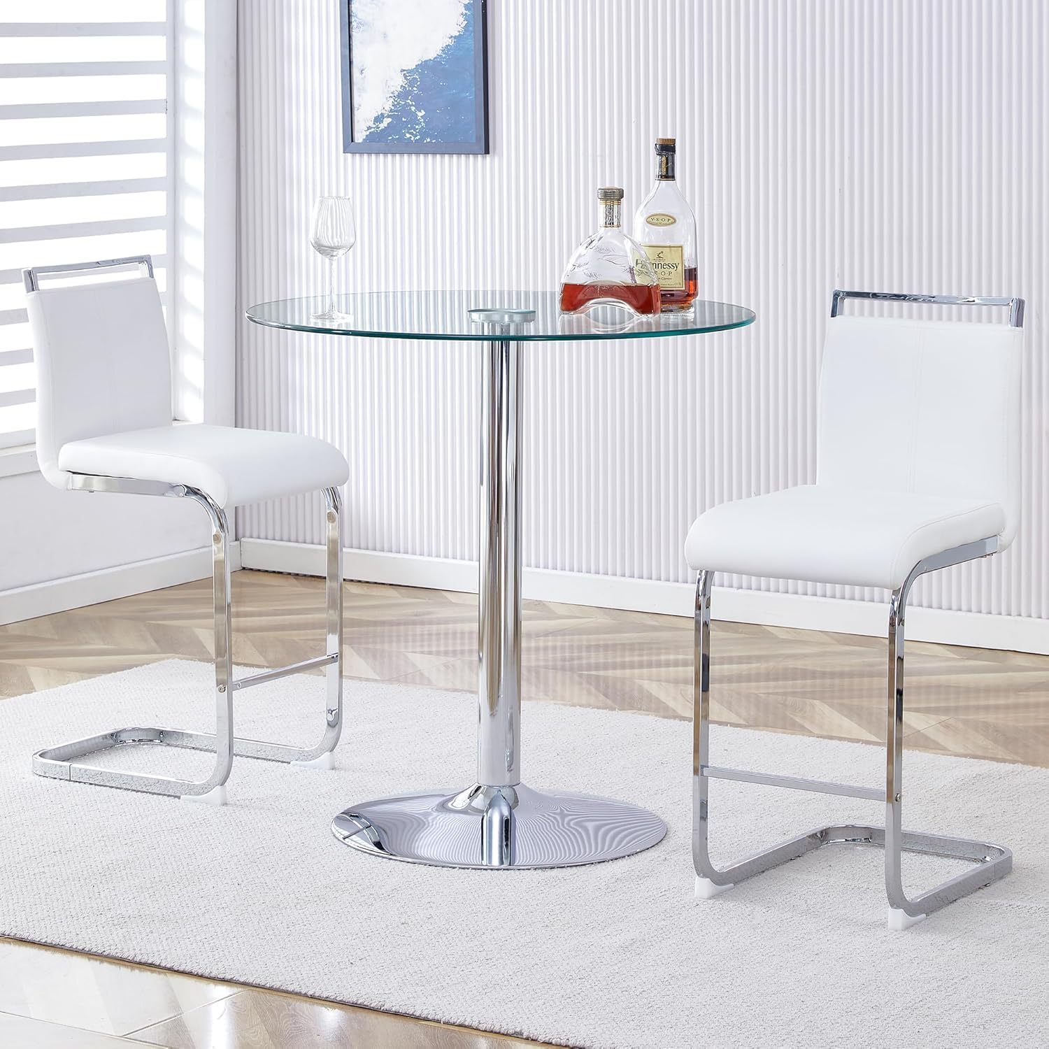 3 Pecies Round Glass Dining Table Set for 2, Small Circle Kitchen Table with Metal Base and White Upholstered Seat High Back PU Leather Chairs, Modern Dining Table and Chairs for livingroom