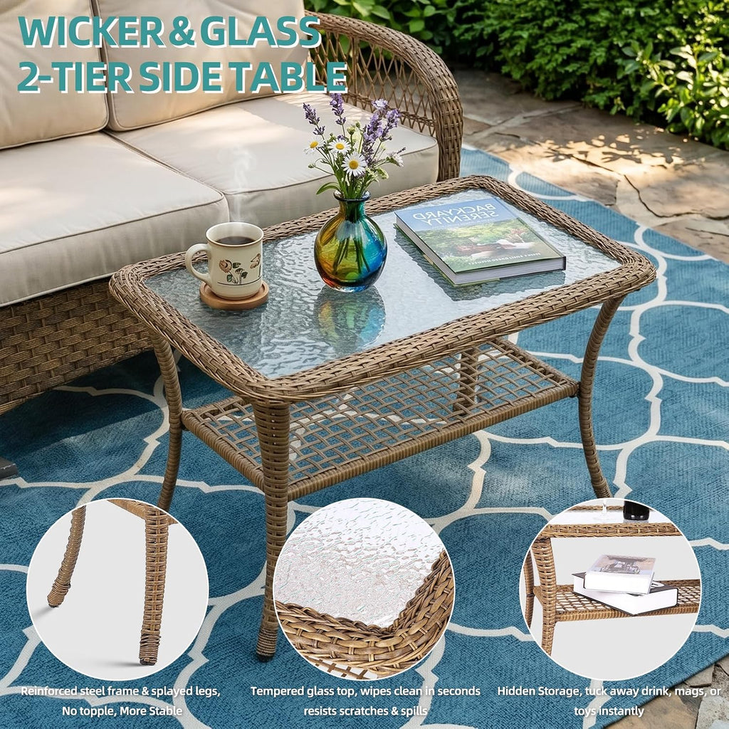 MEETWARM Outdoor Wicker Loveseat Rocking Chair, Loveseat for 2 Person Porch Furniture Rocker with Glass-Top Coffee Table, All-Weather Rattan Patio Rocking Bench with Thickened Cushions, Brown