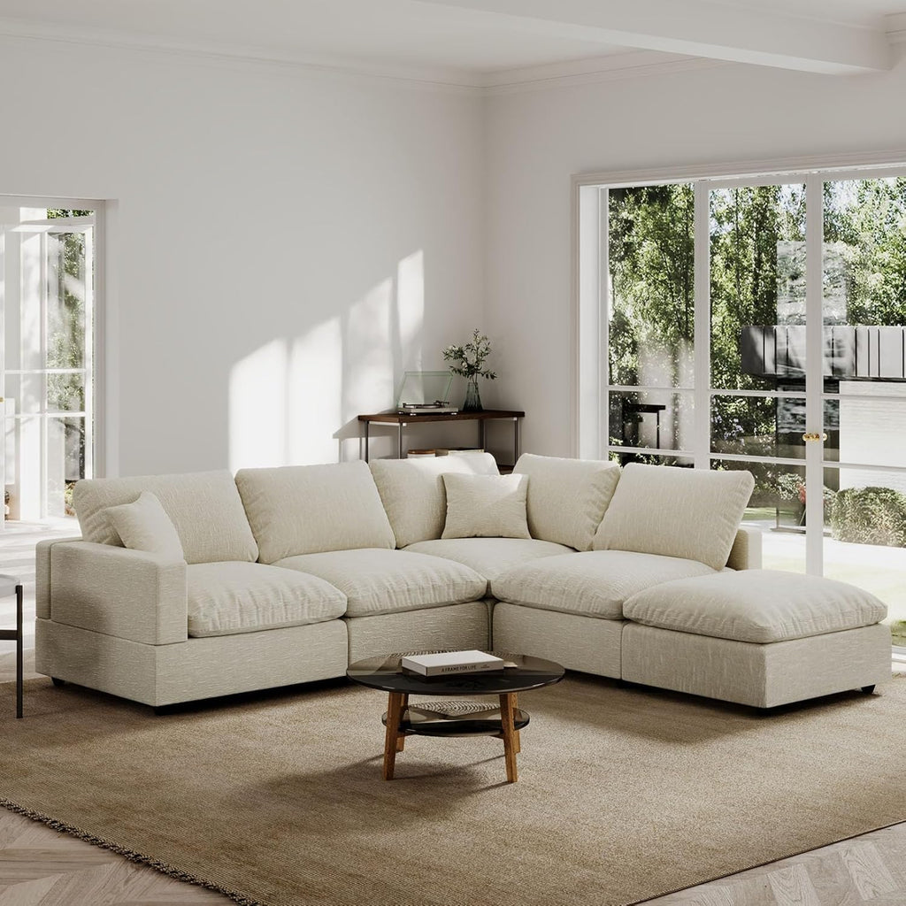 5 Seat Modular Cloud Sofas,Modern Sectional Linen Couch for Living Room V-Shape Sofas,Couches Cushion Covers Removable,Cozy Feather Down Sofa for Apartment Beige