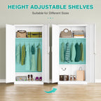 Metal Wardrobe Cabinet with Hanging Rod & Lock,White Armoire Wardrobe Closet,Metal Clothing Storage Cabinet with Adjustable Shelves and Doors,72" Armoire Storage Cabinets for Home,Living/Laundry Room