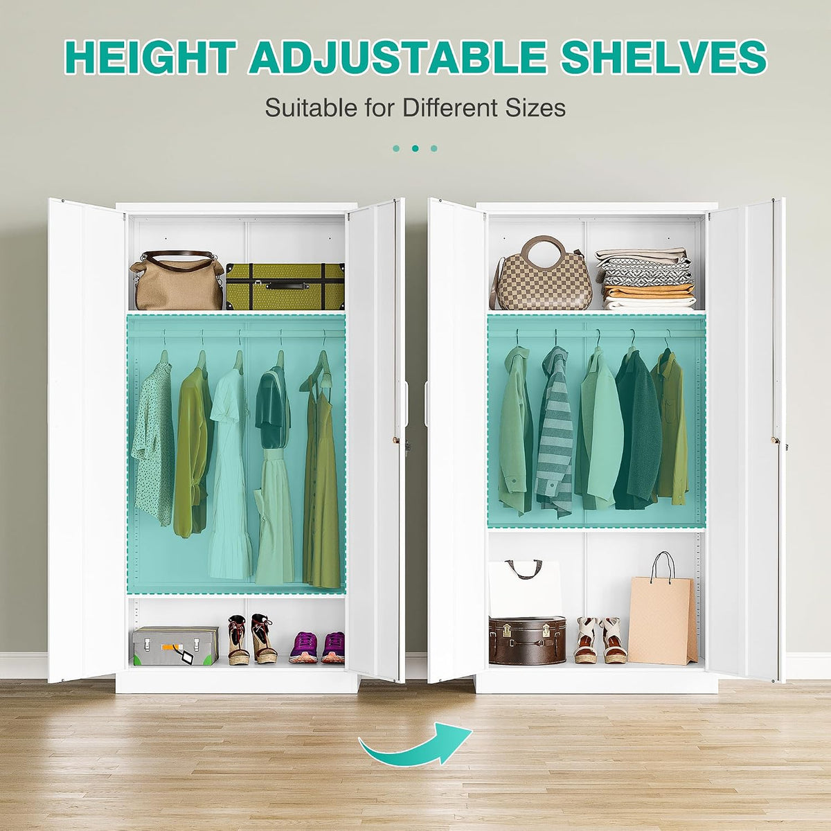 Metal Wardrobe Cabinet with Hanging Rod & Lock,White Armoire Wardrobe Closet,Metal Clothing Storage Cabinet with Adjustable Shelves and Doors,72" Armoire Storage Cabinets for Home,Living/Laundry Room