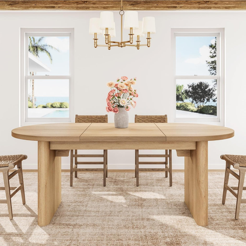 GarveeHome Oval Dining Table for 6-8 People, Long Large Kitchen Table with Thick Sturdy Wooden Base, Farmhouse Dining Room Table for for Kitchen, Living Room, Office (70.87" Long,Natural)