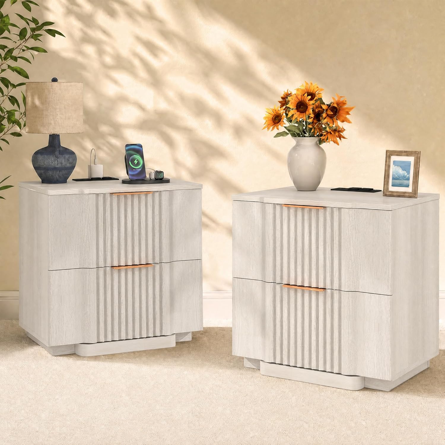 Yechen Fluted Nightstand Set of 2 with Ultra-Fast Charging Station, White | Large Drawers, FSC-Certified Wooden Board, Unique Fluted Profile, Metal Handle, Mid Century Modern Bedside Table for Bedroom