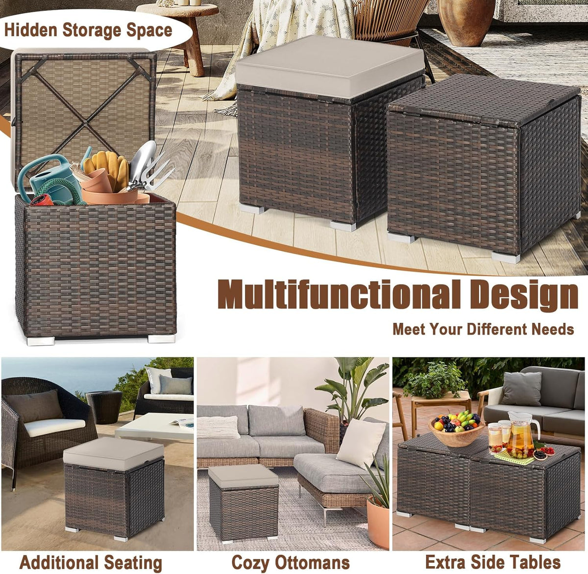 RELAX4LIFE Wicker Outdoor Storage Ottoman, 2-Piece Rattan Footstool w/Removable Cushion, Multipurpose Footrest Stool Side Table Additional Seating, Set of 2 Outdoor Ottomans for Patio Deck (Beige)
