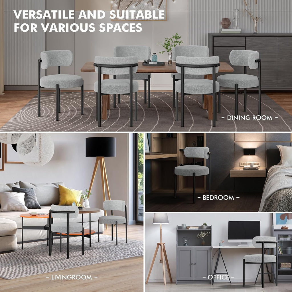 PatioPerk Boucle Dining Chairs Set of 6, Light Gray Mid Century Morden Chair with Curved Backrest, Round Upholstered Sherpa with Metal Legs, Suitable for Various Kitchen Styles
