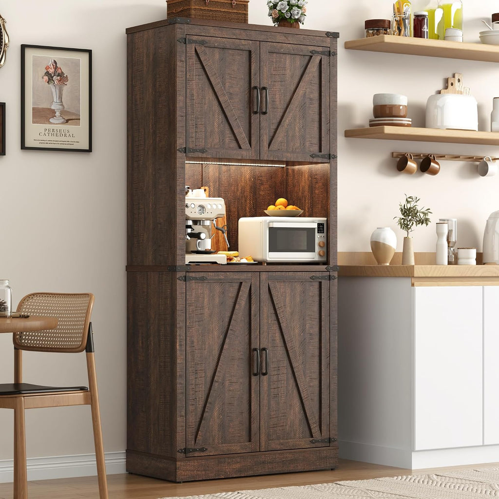 72" Tall Farmhouse Kitchen Pantry Cabinet with LED Light and Power Outlet,Modern Farmhouse Kitchen Storage Cabinet w Load-Bearing Steel Pipe,Barn Doors, Organizer,Food Pantry Cabinets(Rustic Brown)