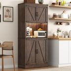 72" Tall Farmhouse Kitchen Pantry Cabinet with LED Light and Power Outlet,Modern Farmhouse Kitchen Storage Cabinet w Load-Bearing Steel Pipe,Barn Doors, Organizer,Food Pantry Cabinets(Rustic Brown)