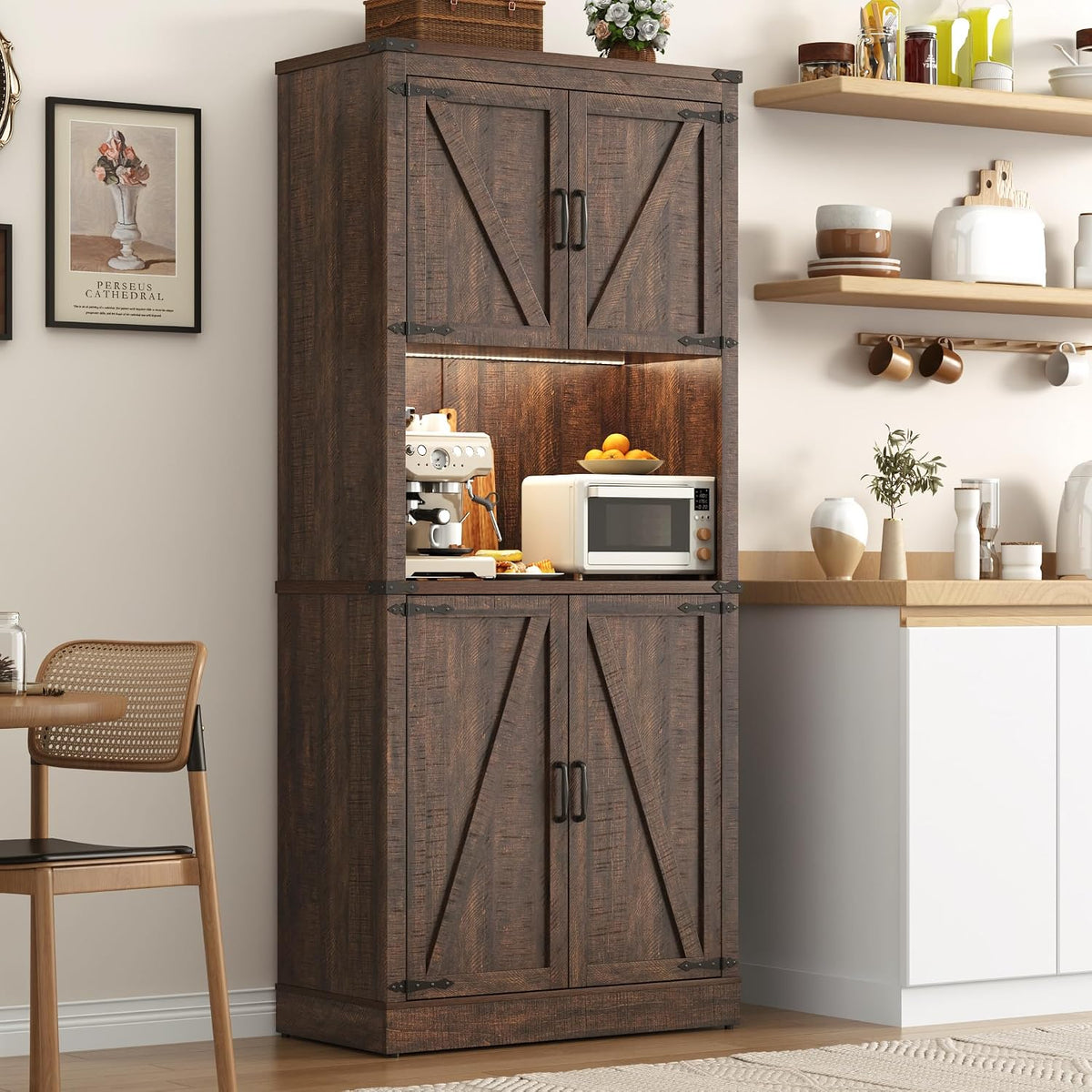 72" Tall Farmhouse Kitchen Pantry Cabinet with LED Light and Power Outlet,Modern Farmhouse Kitchen Storage Cabinet w Load-Bearing Steel Pipe,Barn Doors, Organizer,Food Pantry Cabinets(Rustic Brown)
