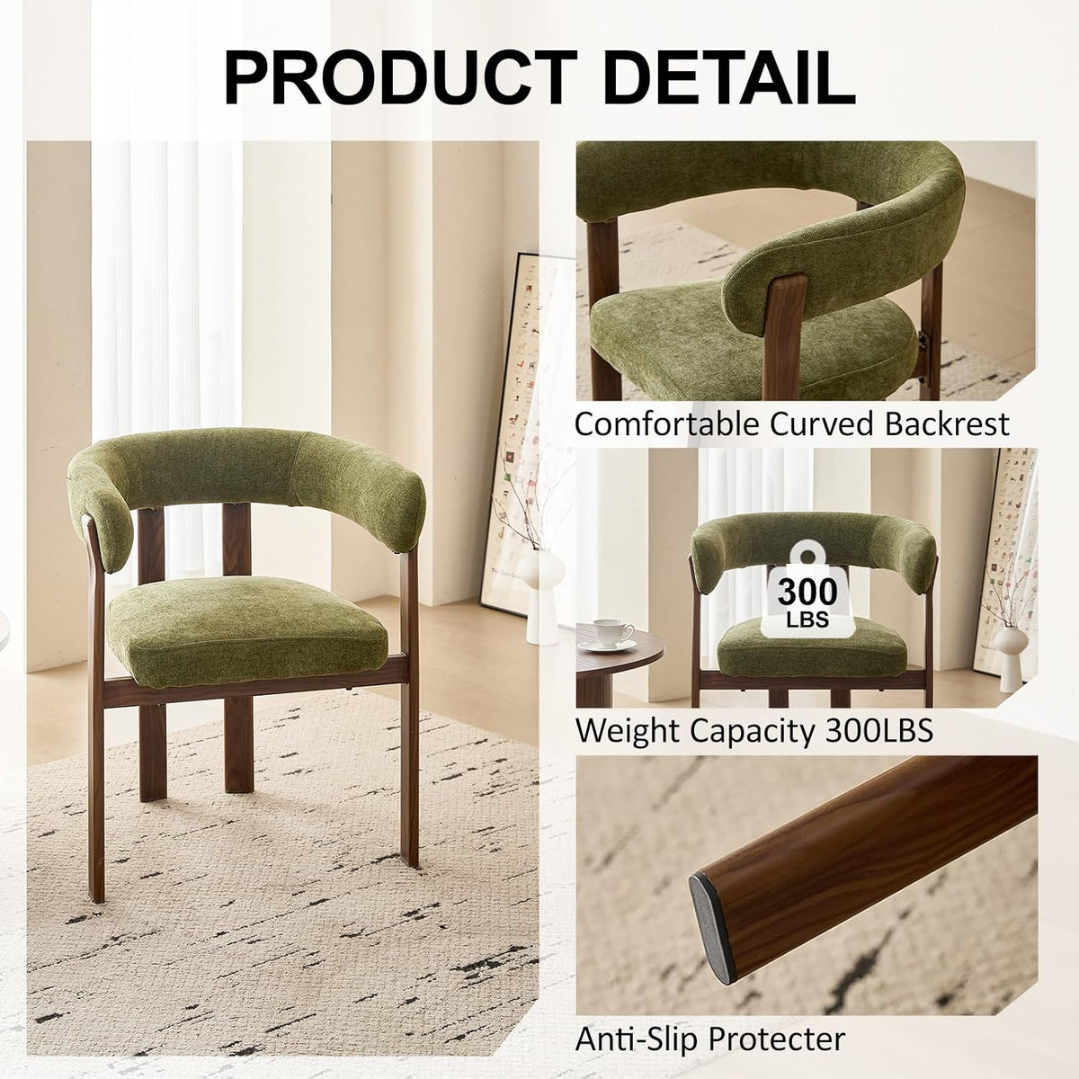 47" Round Dining Table Set for 4, Walnut Wood Grain Tabletop with 4 Green Chenille Upholstered Armchairs, Thick Cushions and Sturdy Metal Frames