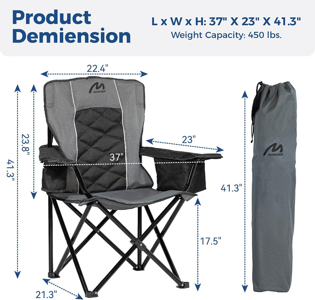 Oversized Padded Camping Chair, Heavy Duty Steel Frame, 450 lb Capacity, Folding Camp Chair with 6-Can Cooler, Carry Bag for Outdoor Camping, Beach, Hiking(Gray & Black)