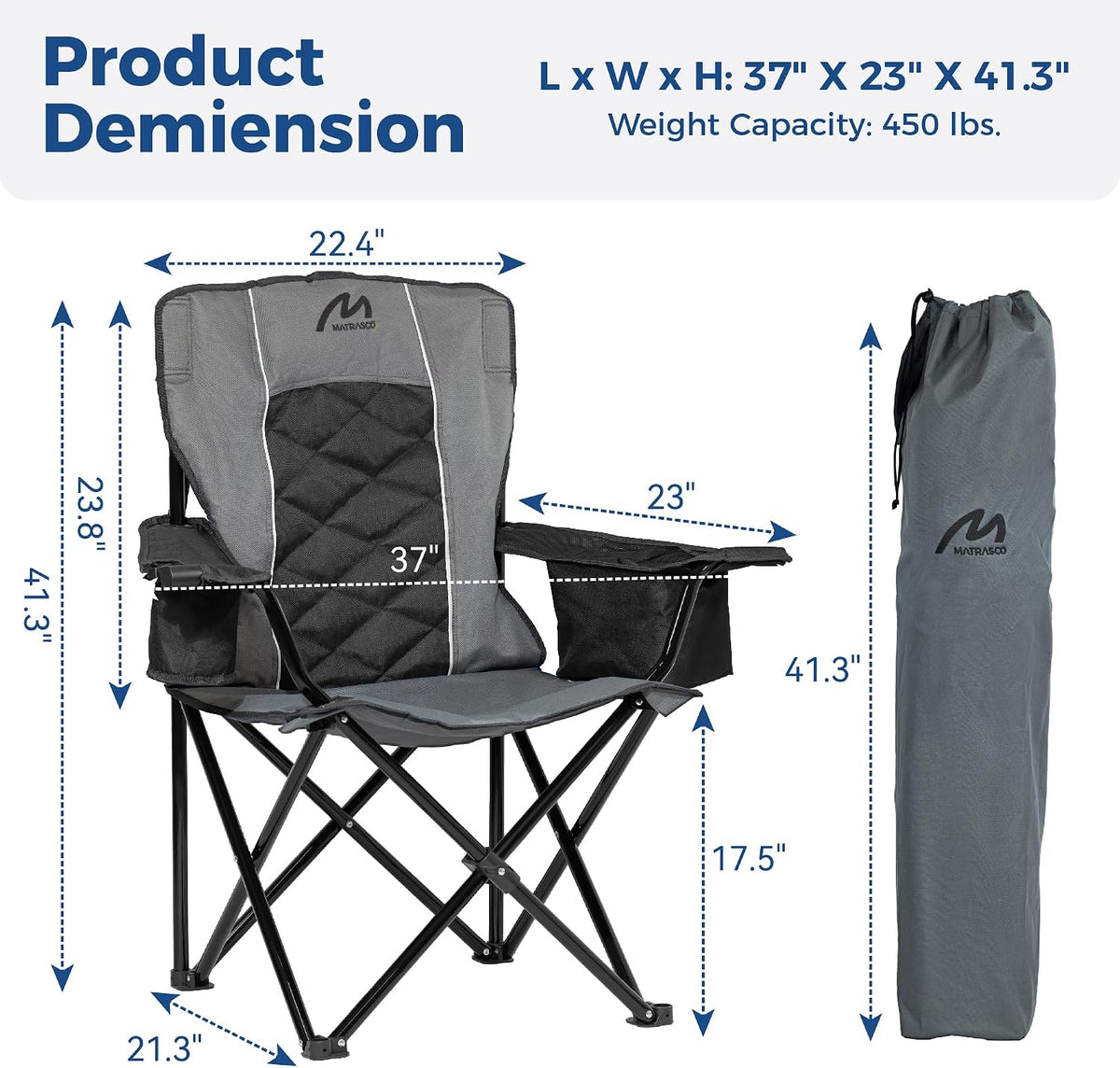 Oversized Padded Camping Chair, Heavy Duty Steel Frame, 450 lb Capacity, Folding Camp Chair with 6-Can Cooler, Carry Bag for Outdoor Camping, Beach, Hiking(Gray & Black)