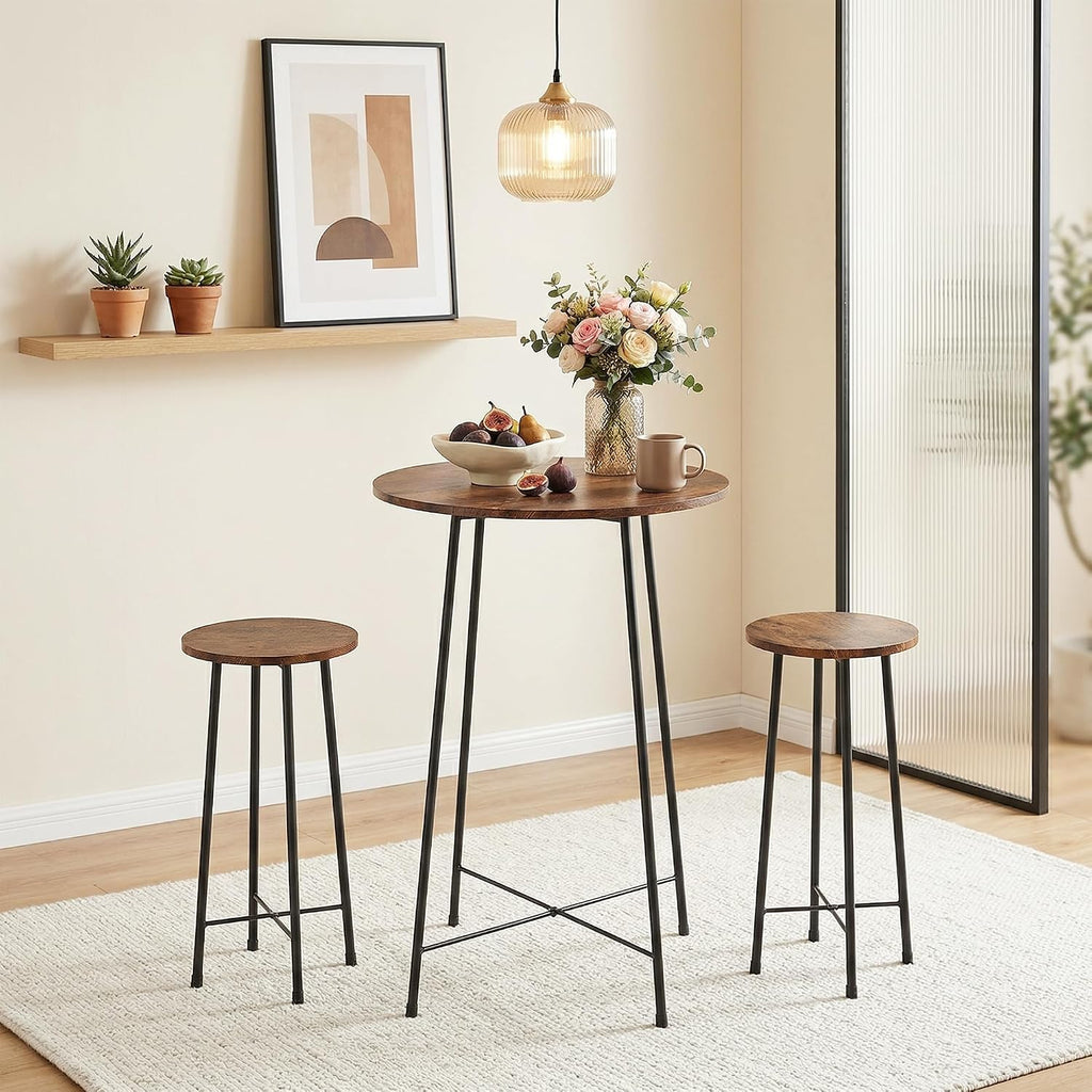 VECELO 3 Piece Pub Table and Chairs Sets Counter Height Bistro Bar Sets with 2 Barstools for Kitchen Breakfast Nook, Small Space, Apartment, Breakfast Dinner Restaurant, Brown
